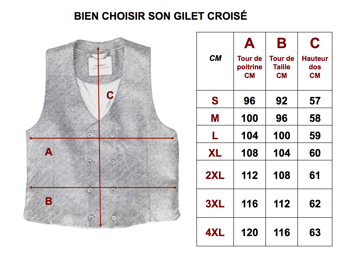 DOUBLE BREASTED WAISTCOATS SIZE CHART