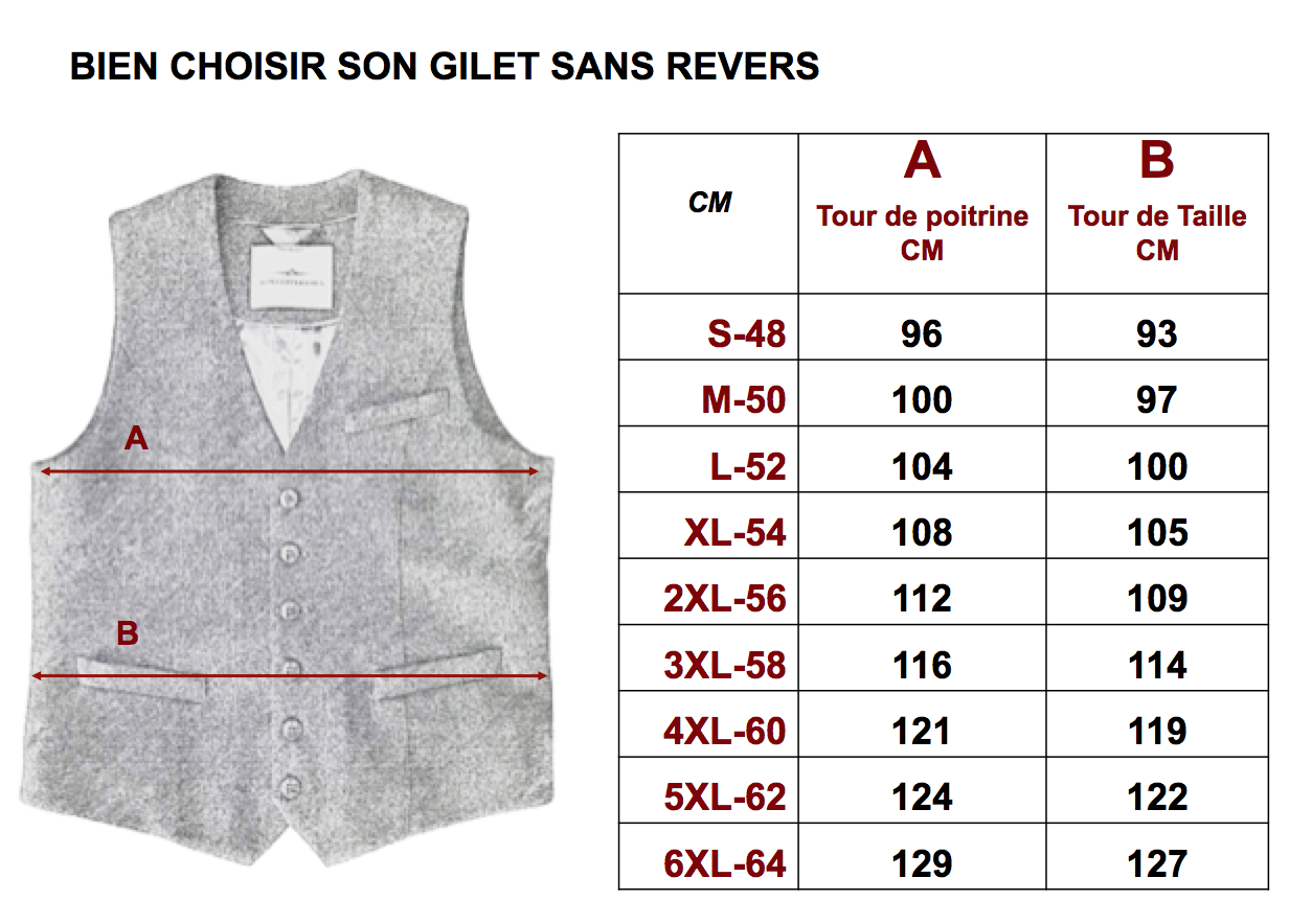 4 POCKETS WAISTCOATS SIZE CHART